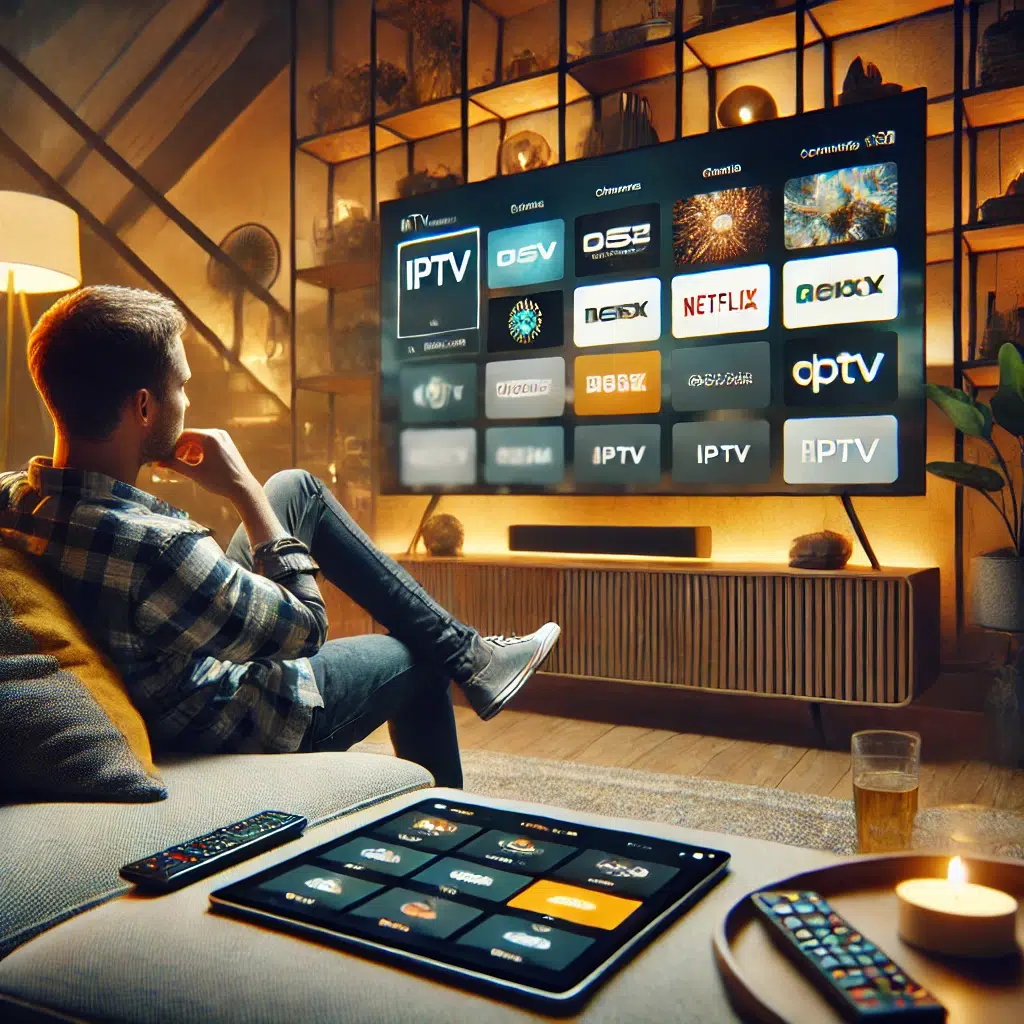 DALL·E 2024-10-17 16.15.37 – Un utilisateur détendu dans un salon moderne, en train de regarder une télévision intelligente avec une application IPTV affichant des chaînes de télé DALL·E 2024-10-17 16.15.37 - Un utilisateur détendu dans un salon moderne, en train de regarder une télévision intelligente avec une application IPTV affichant des chaînes de télé